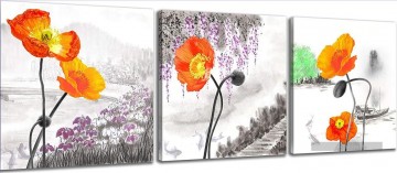 fleurs dans le style d’encre dans les panneaux de jeu Peinture à l'huile